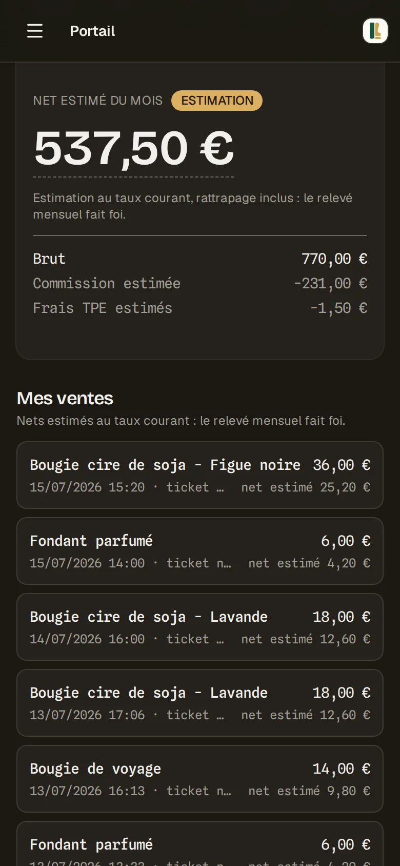Portail créateur sur mobile : net estimé du mois en grand et fil des dernières ventes avec leur net estimé.