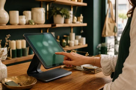 Tablette de caisse posée sur un comptoir en bois de boutique de créateurs